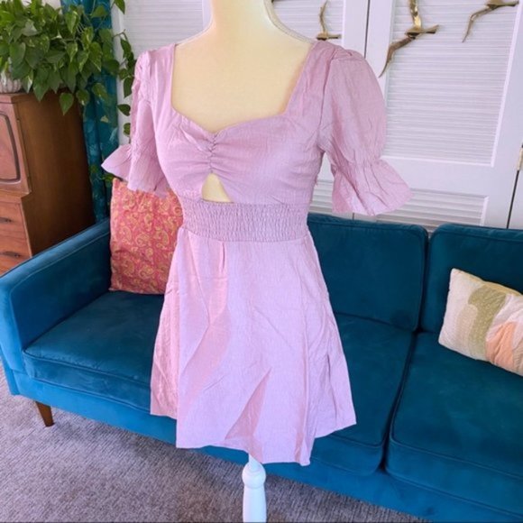 Fanco Francesca Mauve Milkmaid Mini Dress Cut Out Puff Sleeve Smocked New Small - Picture 5 of 14